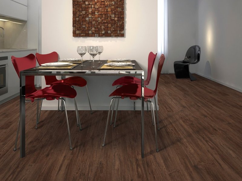 Modern bed on luxury vinyl flooring